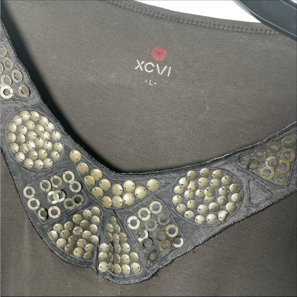 XCVI Women's embellished brass beads Brown Long Sleeve Shirt size large - Picture 2 of 5